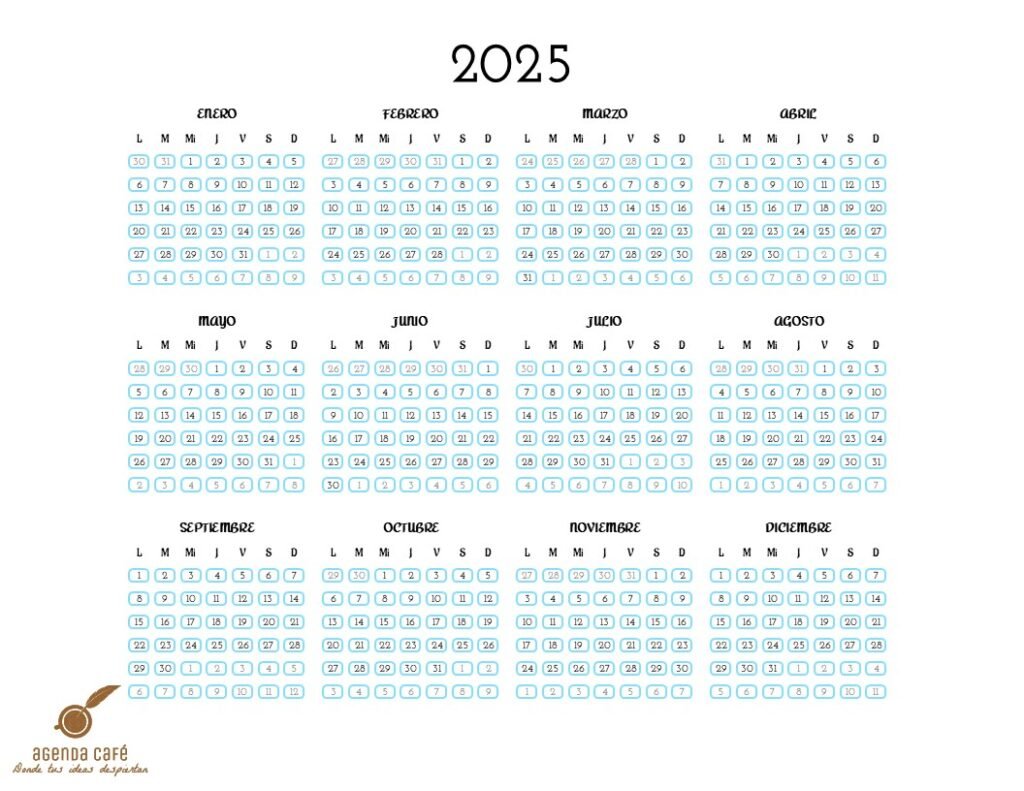 Calendario Anual 2025 Borde Azul